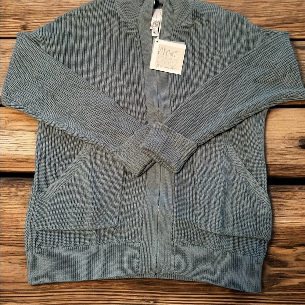 MarlaWynne Sage Green Zip-Front Ribbed Cardigan